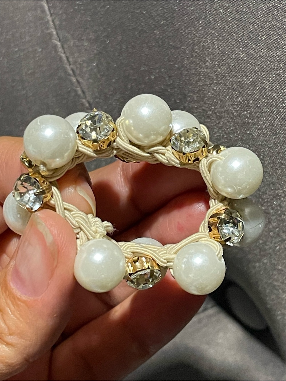 Pearl and Crystal Elastic Hair Scrunchy  - White/Gold Small